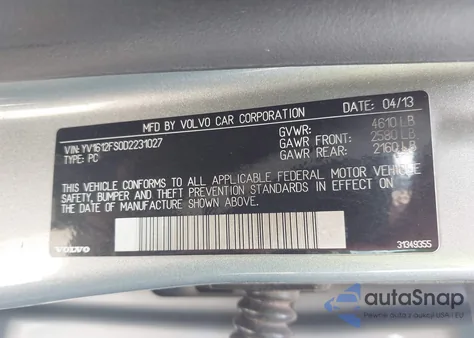 2013 Volvo S60 T5/T5 Platinum/T5 Premier/T5 Premier Plus z USA, uszkodzony, nr VIN YV1612FS0D2231027